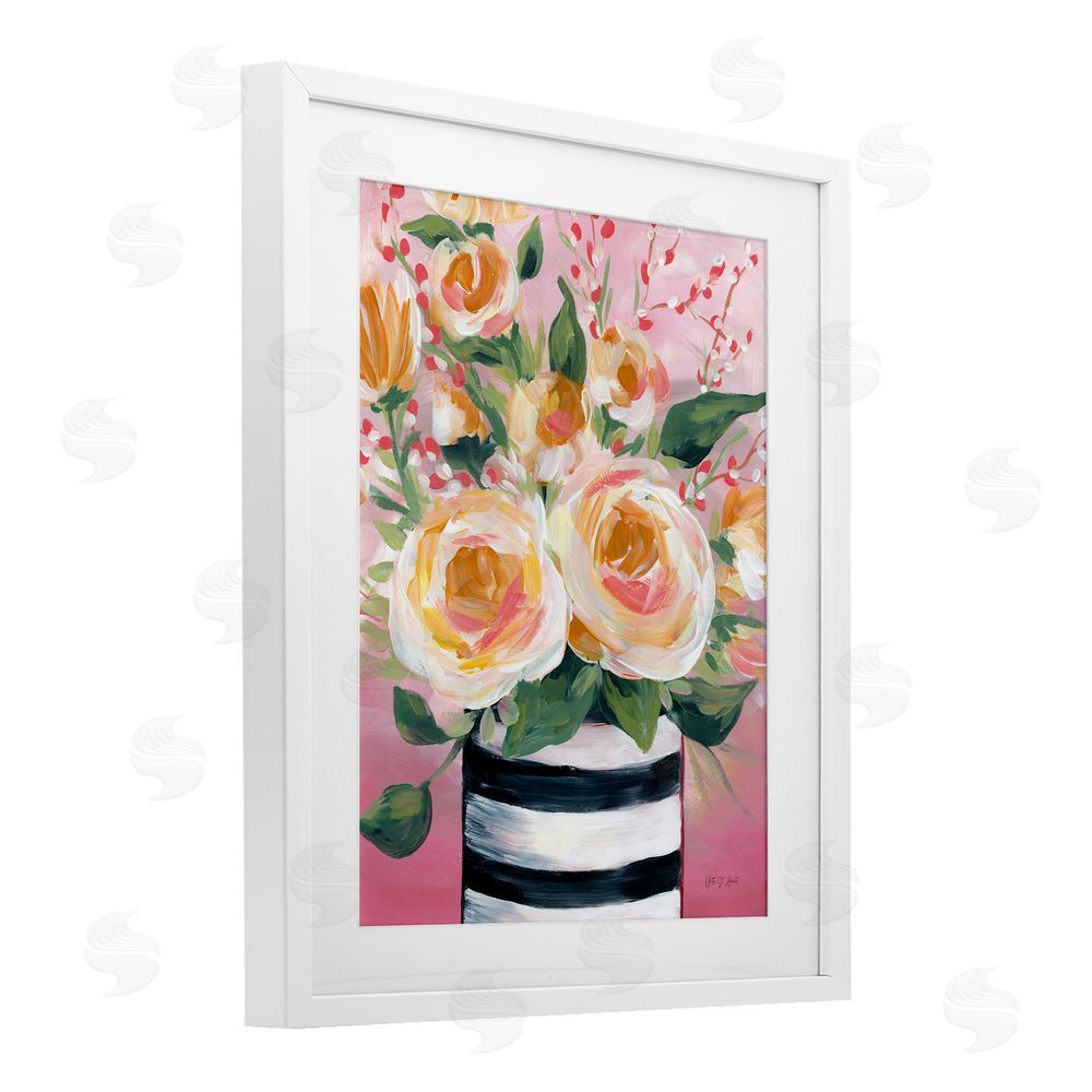 Yvette St. Amant Spring Blooms in Striped Vase White Framed Print Under Glass Wall Art