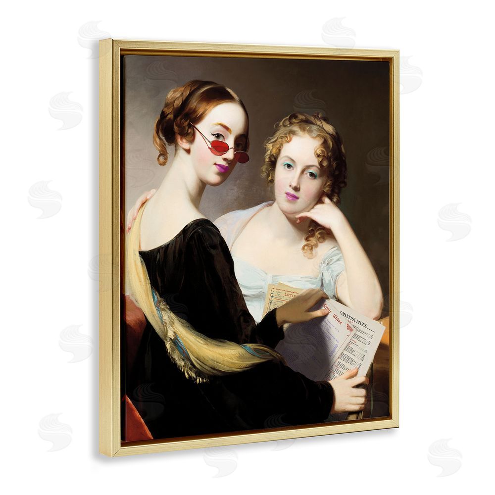 Wild Apple Portfolio Vintage Ladies Ordering Takeout Gold Floating Frame Canvas Wall Art Print
