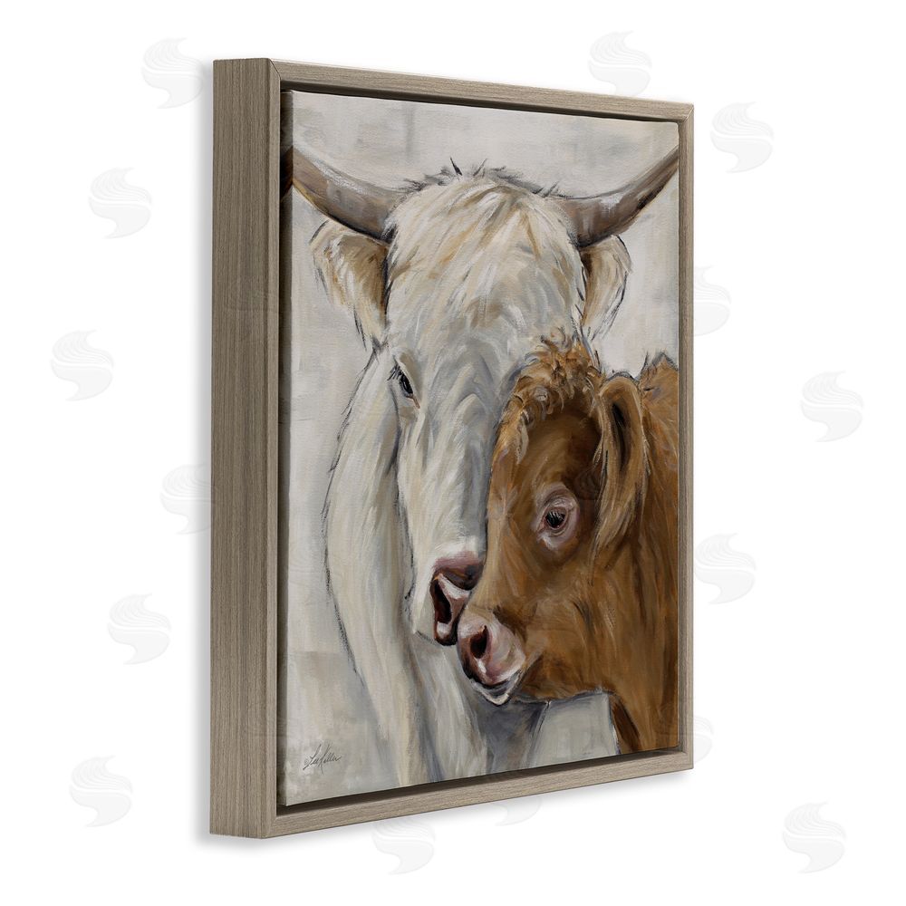 Lee Keller Highland Cow & Calf Contrasts Brown Floating Frame Canvas Wall Art Print