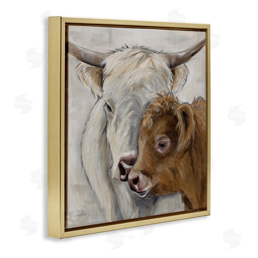 Lee Keller Highland Cow & Calf Contrasts Gold Floating Frame Canvas Wall Art Print