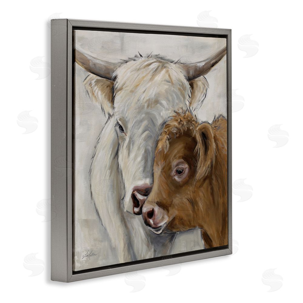 Lee Keller Highland Cow & Calf Contrasts Gray Floating Frame Canvas Wall Art Print
