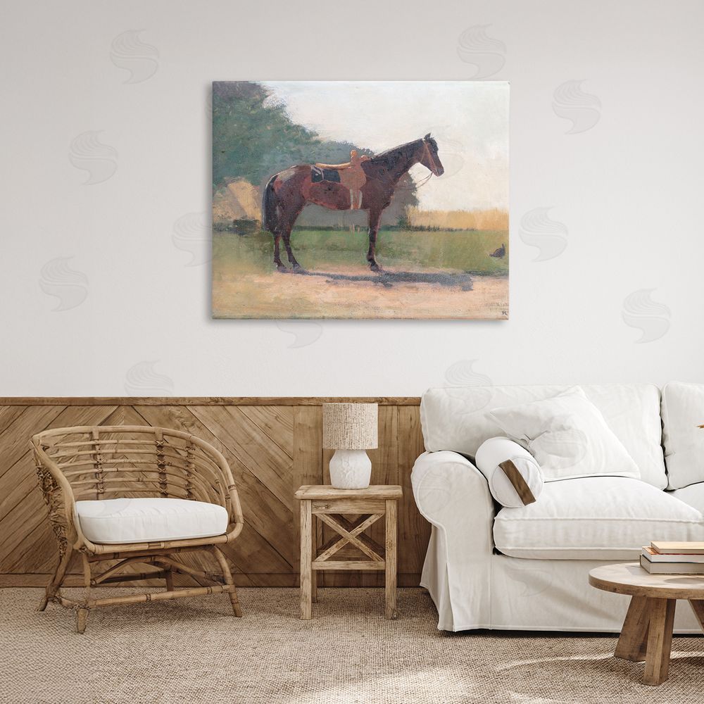Stellar Design Studio Saddled Horse in Farm Yard Stretched Canvas Wall Art in Room