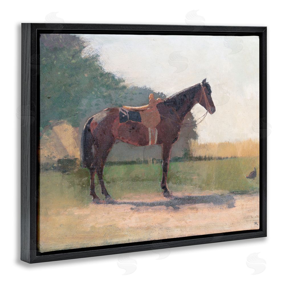 Stellar Design Studio Saddled Horse in Farm Yard Black Floating Frame Canvas Wall Art Print