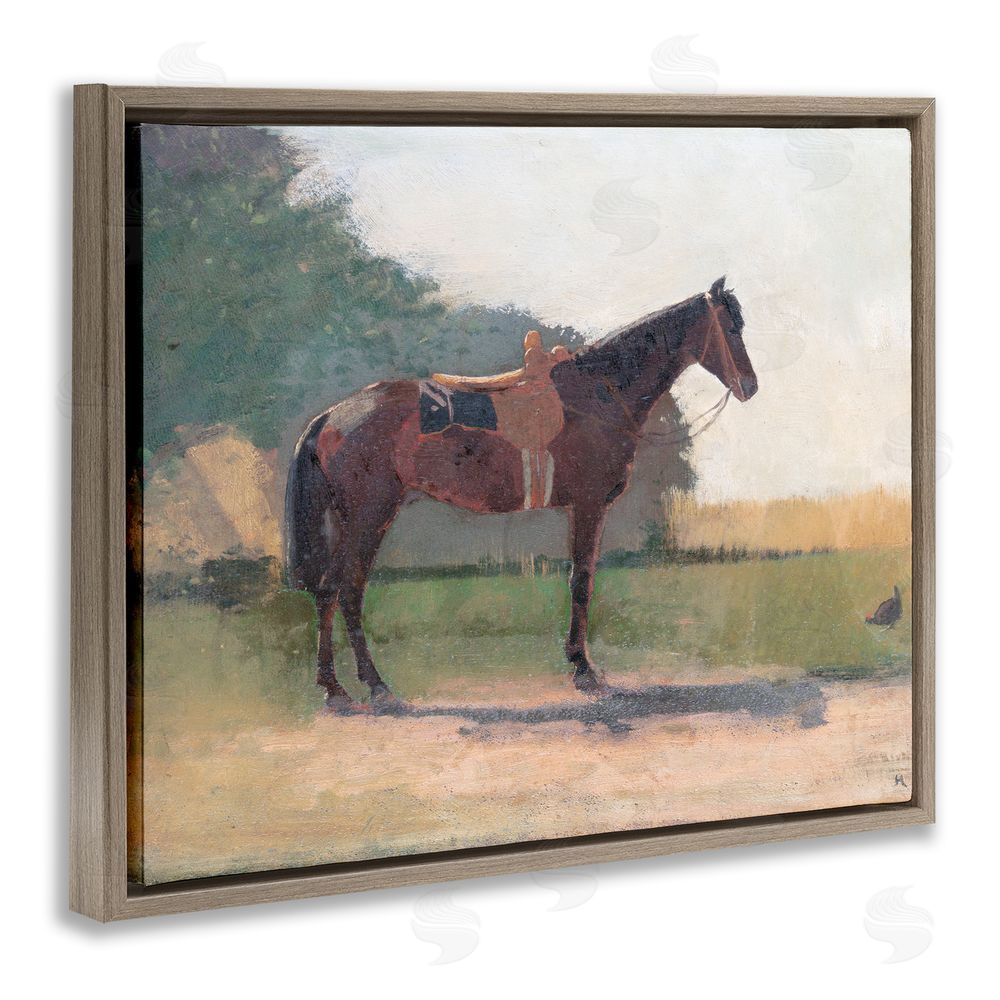Stellar Design Studio Saddled Horse in Farm Yard Brown Floating Frame Canvas Wall Art Print