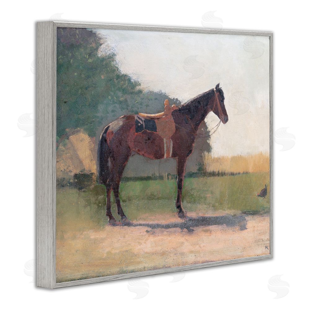 Stellar Design Studio Saddled Horse in Farm Yard Gray Framed Giclee Wall Art Print