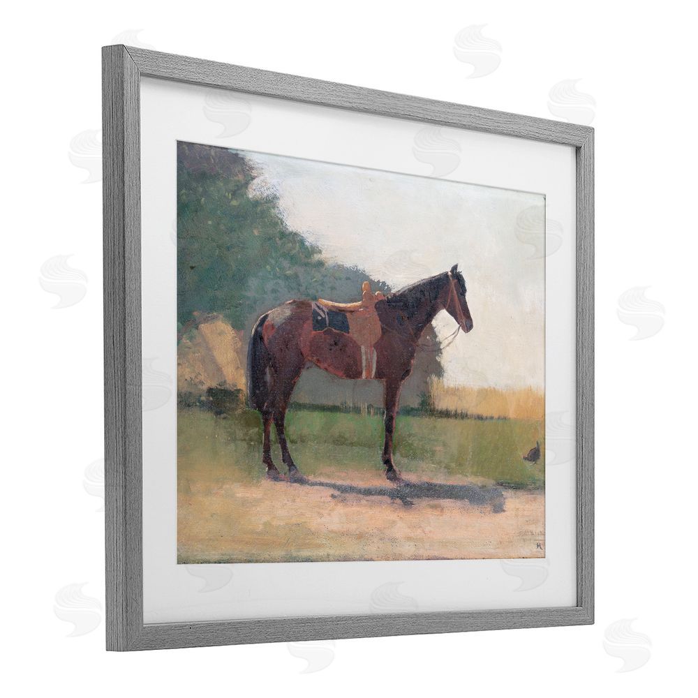 Stellar Design Studio Saddled Horse in Farm Yard Gray Framed Print Under Glass Wall Art