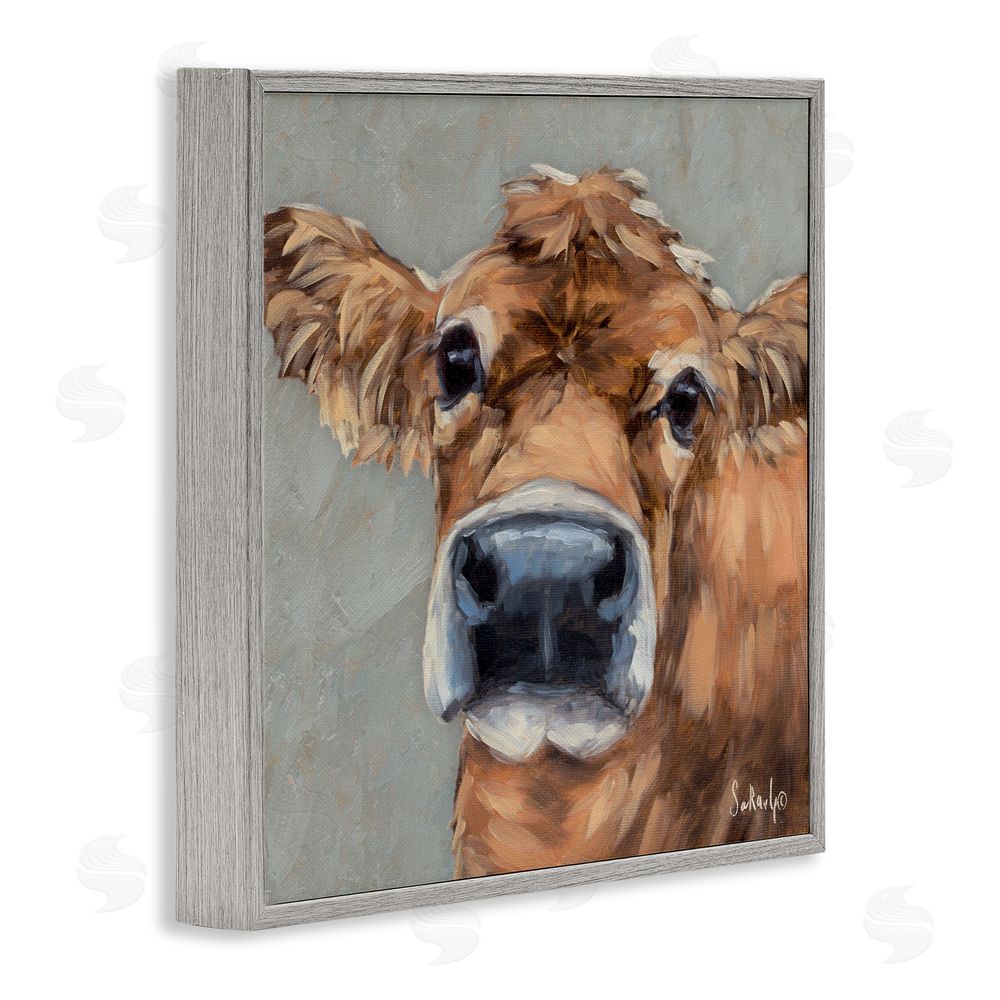 Sara G. Designs Freckles The Cow Portrait Gray Framed Giclee Wall Art Print