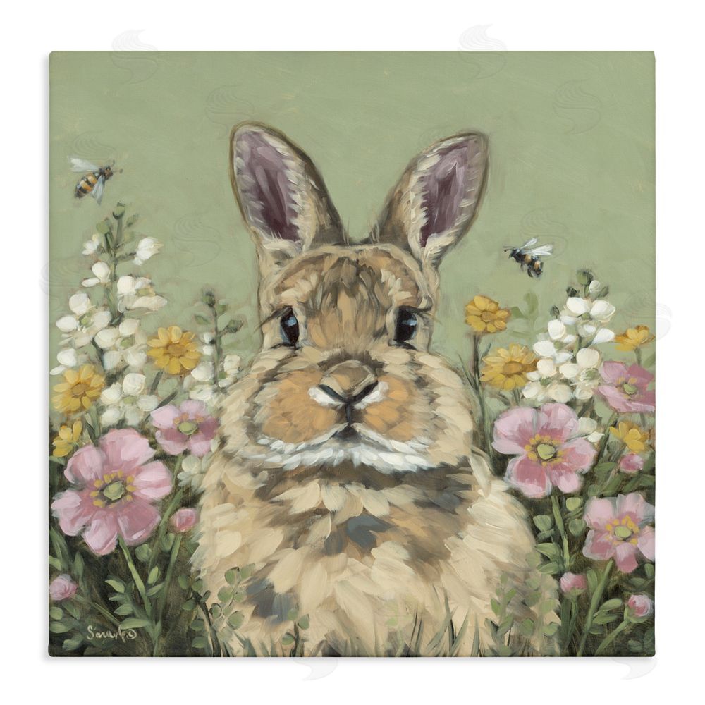 Sara G. Designs Spring Abloom Rabbit Stretched Canvas Wall Art Print