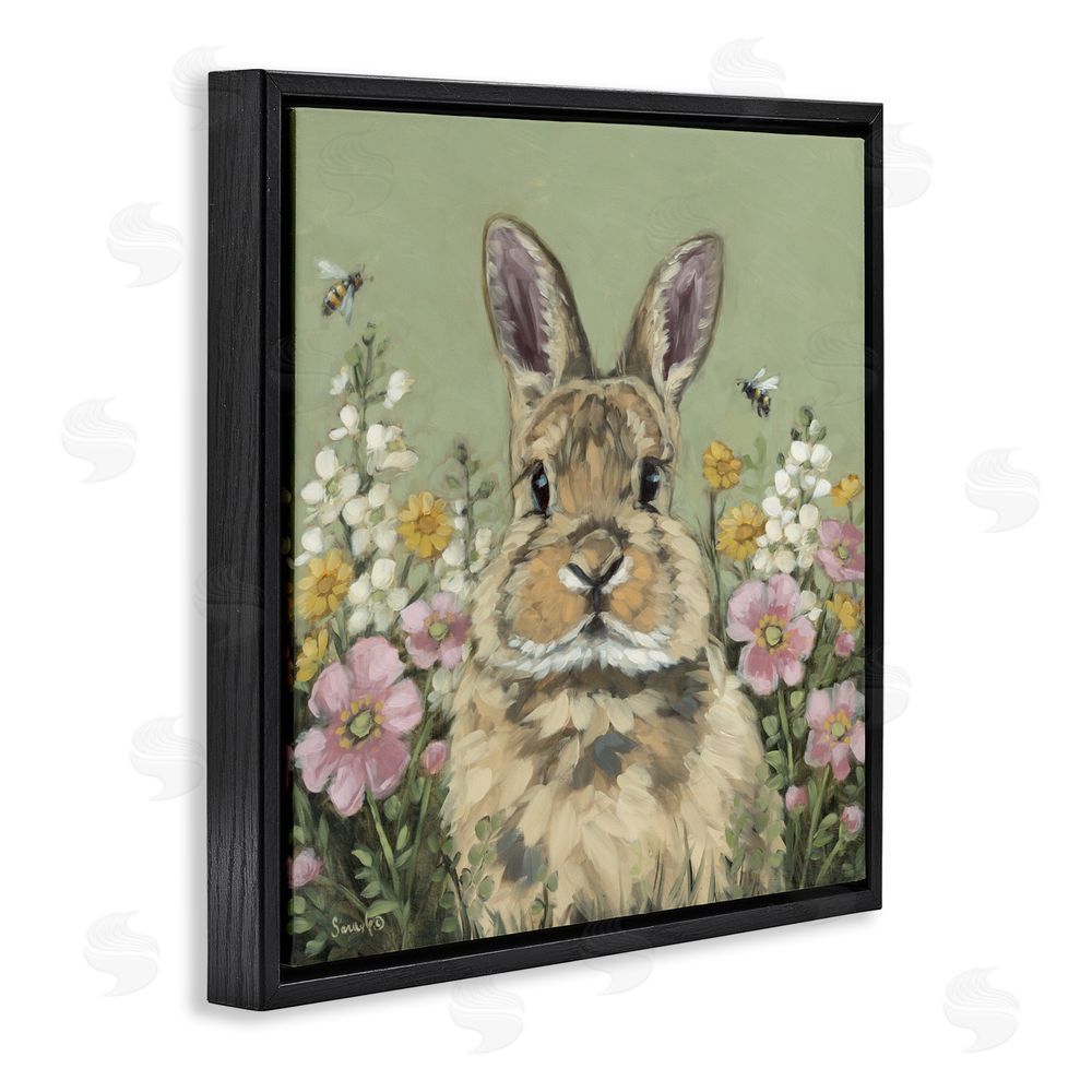 Sara G. Designs Spring Abloom Rabbit Black Floating Frame Canvas Wall Art Print