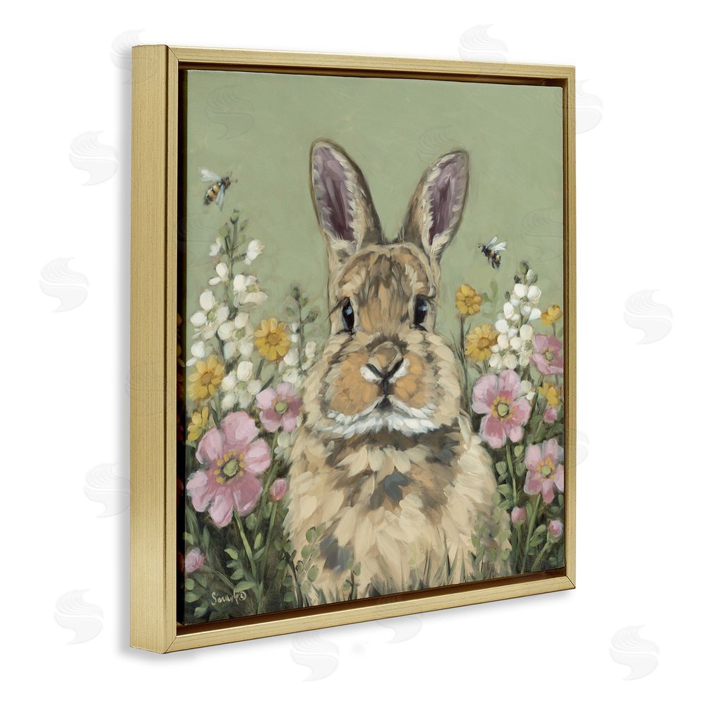 Sara G. Designs Spring Abloom Rabbit Gold Floating Frame Canvas Wall Art Print