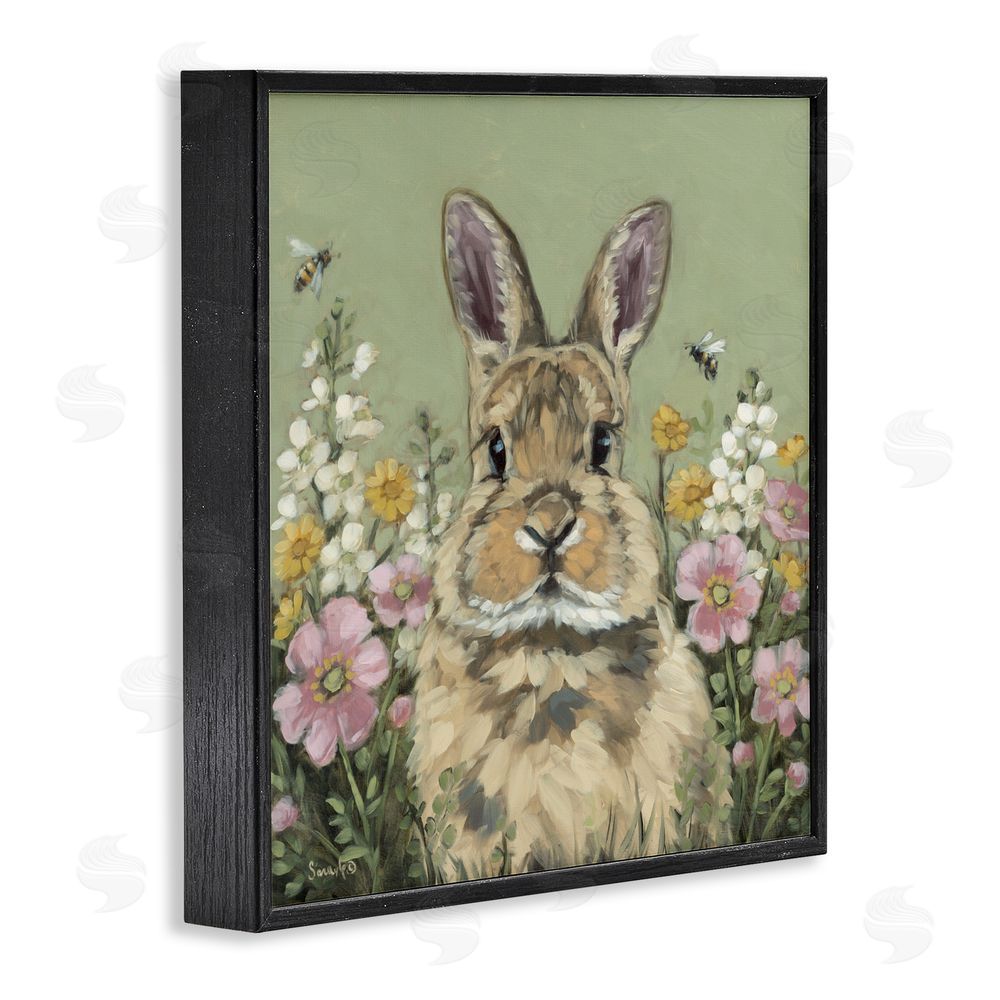 Sara G. Designs Spring Abloom Rabbit Black Framed Giclee Wall Art Print