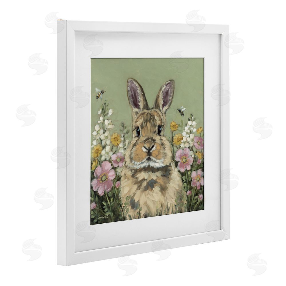 Sara G. Designs Spring Abloom Rabbit White Framed Print Under Glass Wall Art