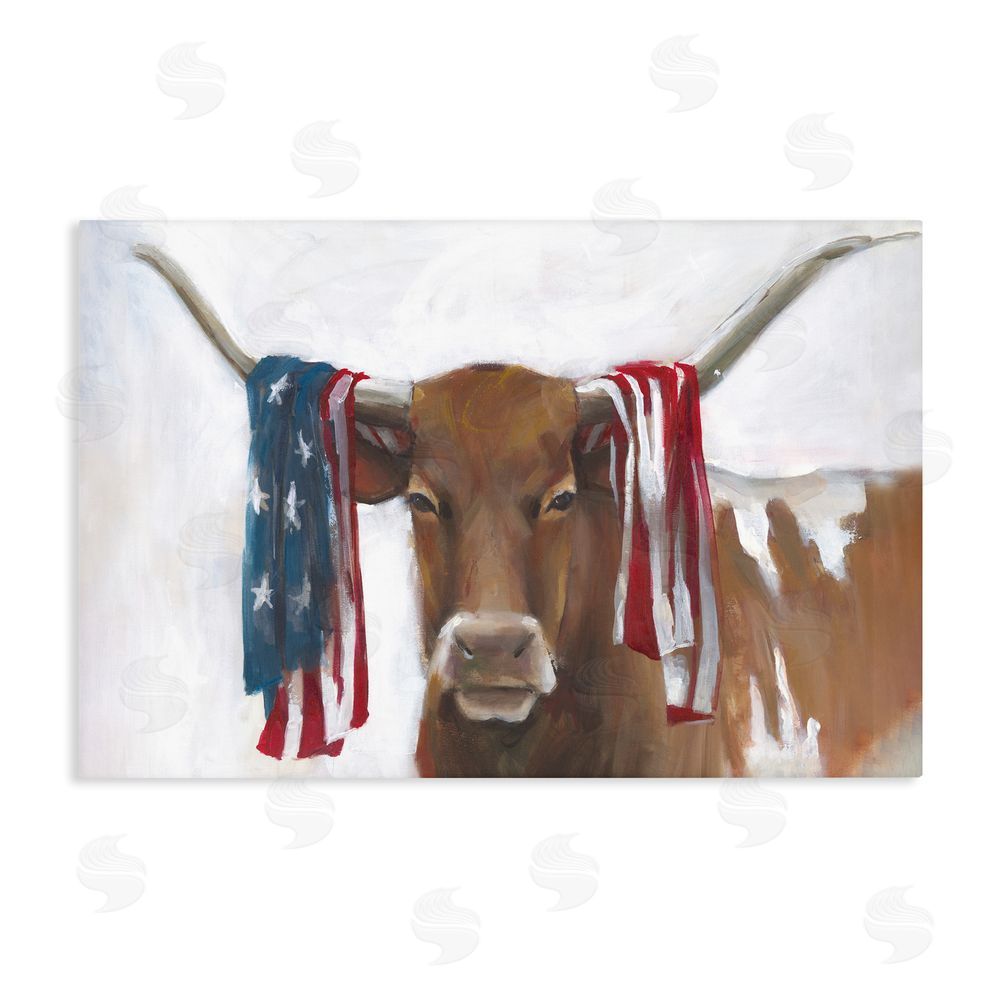White Ladder Patriotic Longhorn with Flag Stretched Canvas Wall Art Print