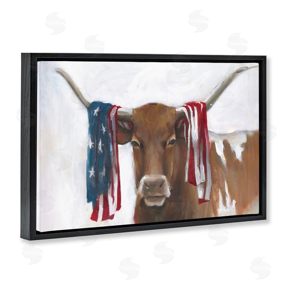 White Ladder Patriotic Longhorn with Flag Black Floating Frame Canvas Wall Art Print