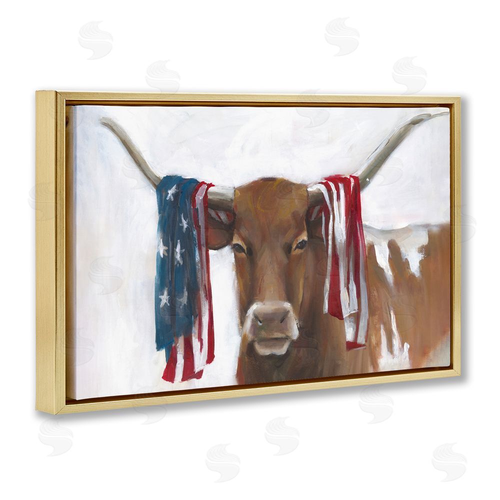White Ladder Patriotic Longhorn with Flag Gold Floating Frame Canvas Wall Art Print