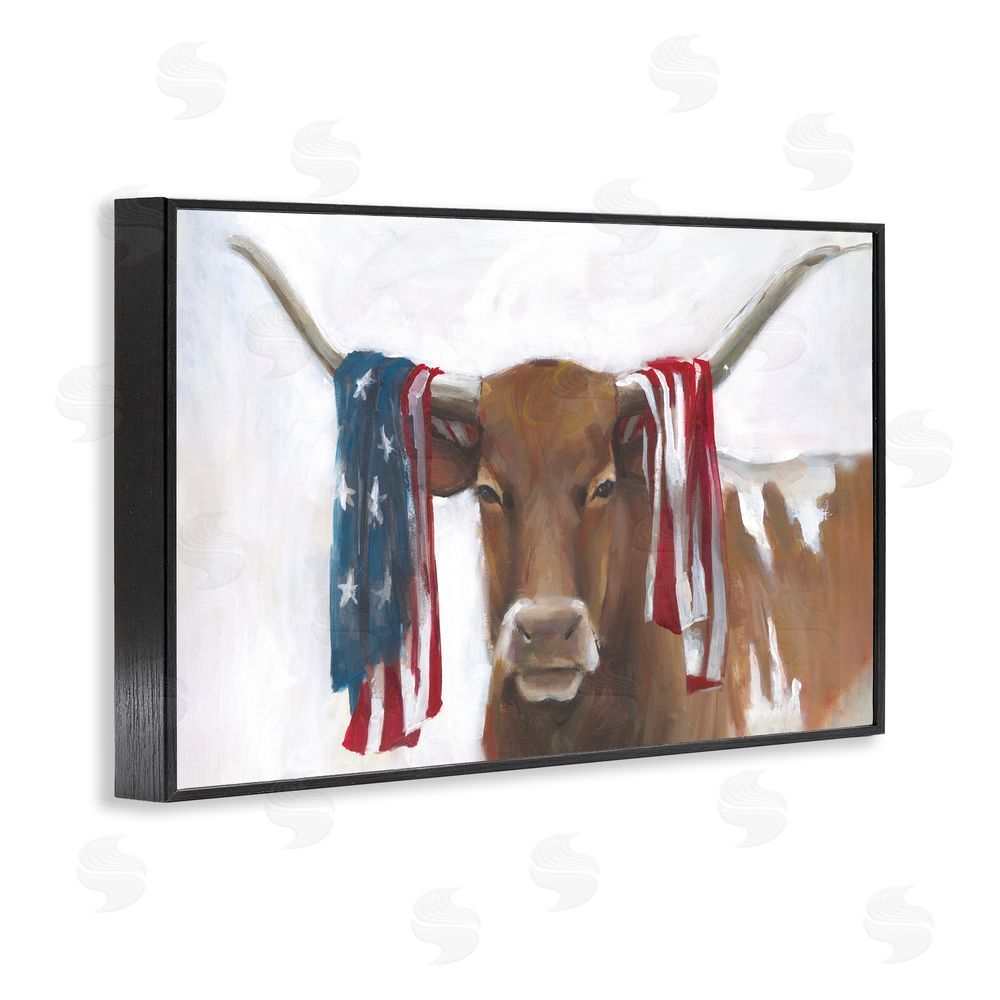 White Ladder Patriotic Longhorn with Flag Black Framed Giclee Wall Art Print