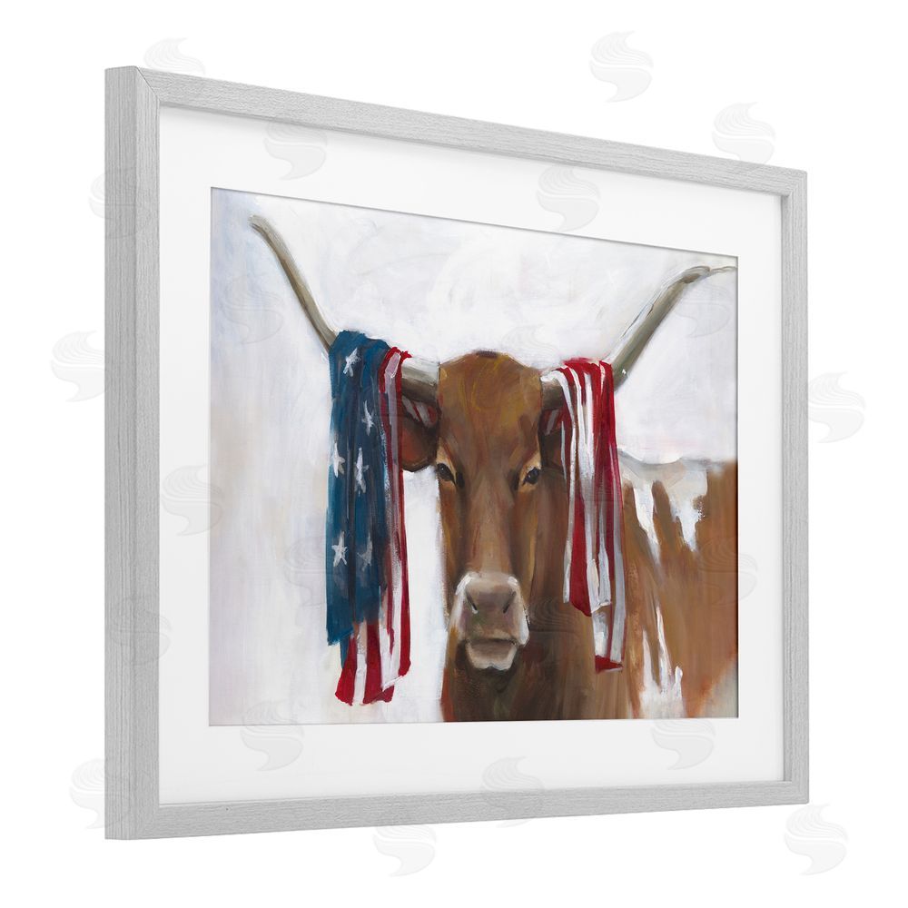 White Ladder Patriotic Longhorn with Flag Gray Framed Print Under Glass Wall Art