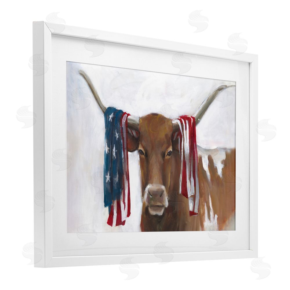 White Ladder Patriotic Longhorn with Flag White Framed Print Under Glass Wall Art