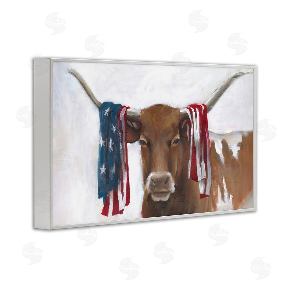 White Ladder Patriotic Longhorn with Flag White Framed Giclee Wall Art Print
