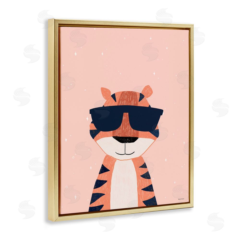 Rachel Nieman Cool Tiger in Sunglasses Gold Floating Frame Canvas Wall Art Print
