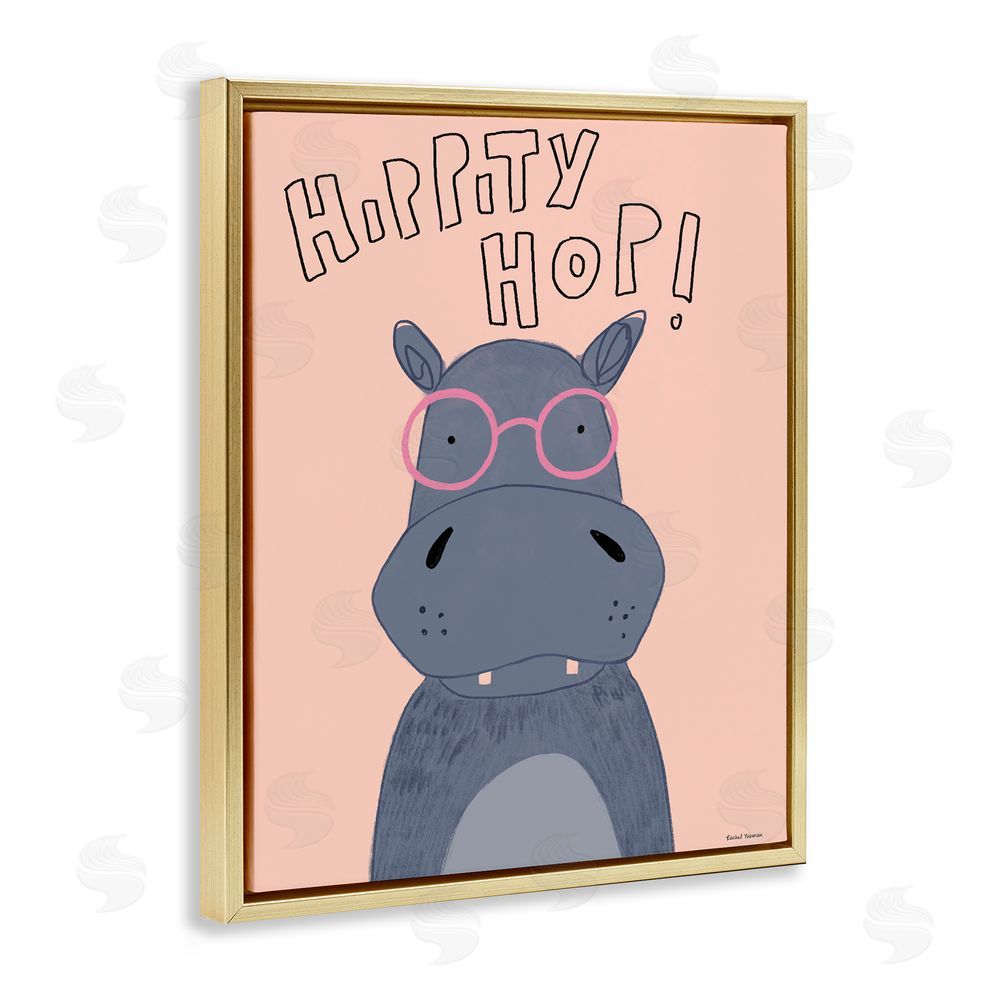 Rachel Nieman Hippity Hop Hippo Gold Floating Frame Canvas Wall Art Print