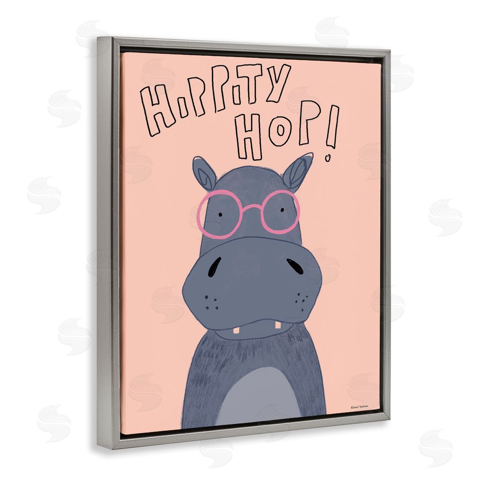 Rachel Nieman Hippity Hop Hippo Gray Floating Frame Canvas Wall Art Print