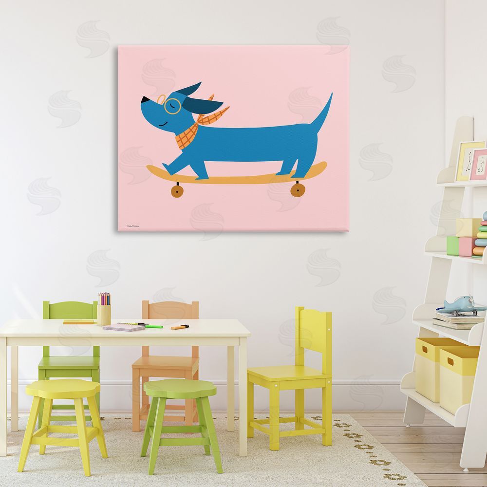 Rachel Nieman Skateboarding Wiener Dog Stretched Canvas Wall Art in Room