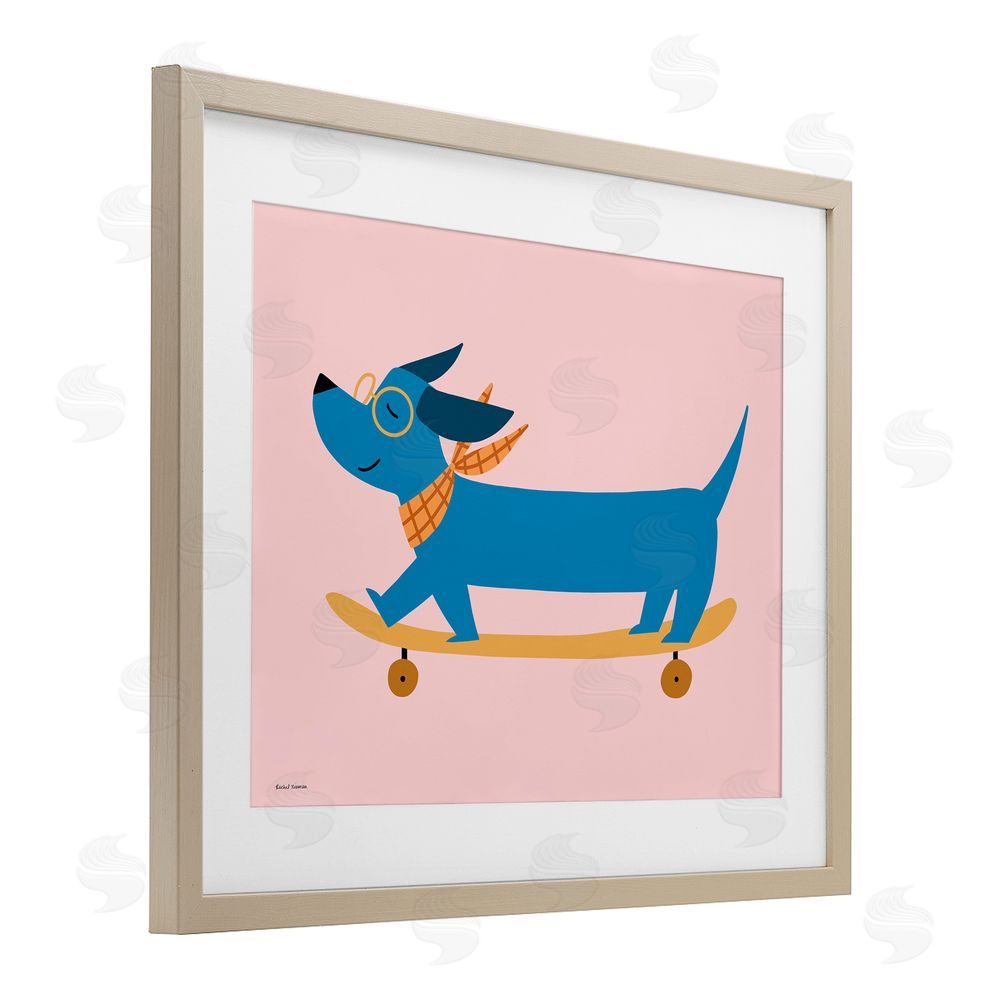 Rachel Nieman Skateboarding Wiener Dog Birch Framed Print Under Glass Wall Art