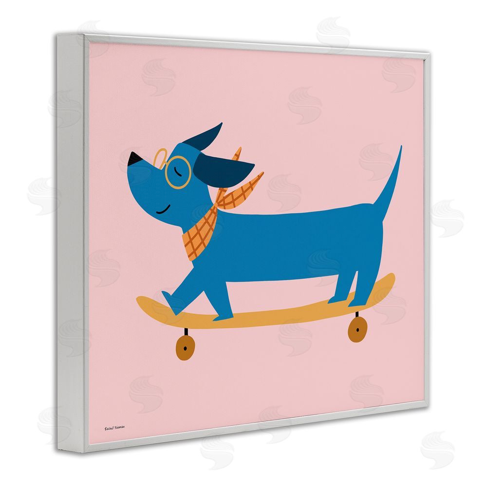 Rachel Nieman Skateboarding Wiener Dog White Framed Giclee Wall Art Print