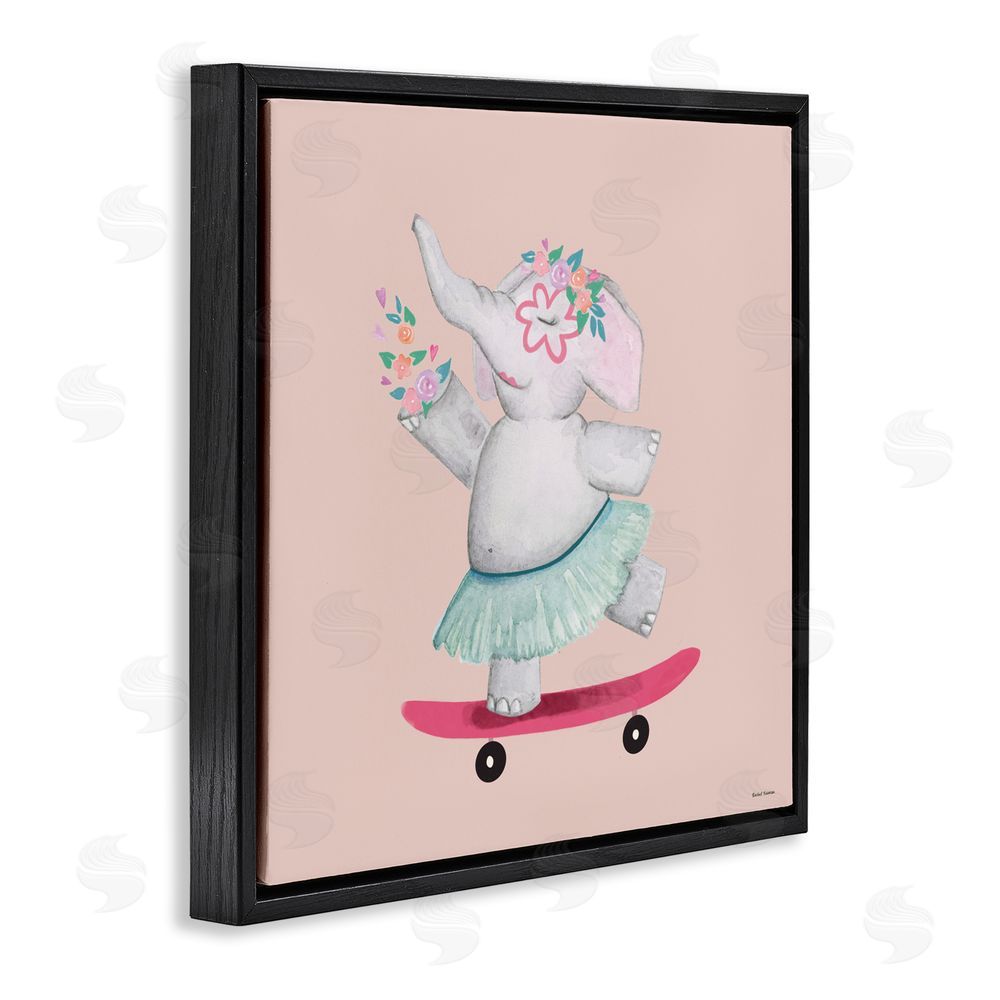 Rachel Nieman Skateboarding Elephant with Flowers Black Floating Frame Canvas Wall Art Print
