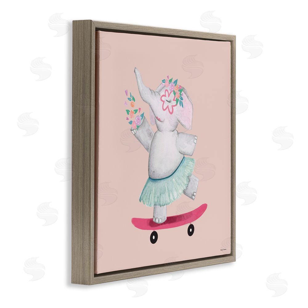 Rachel Nieman Skateboarding Elephant with Flowers Brown Floating Frame Canvas Wall Art Print