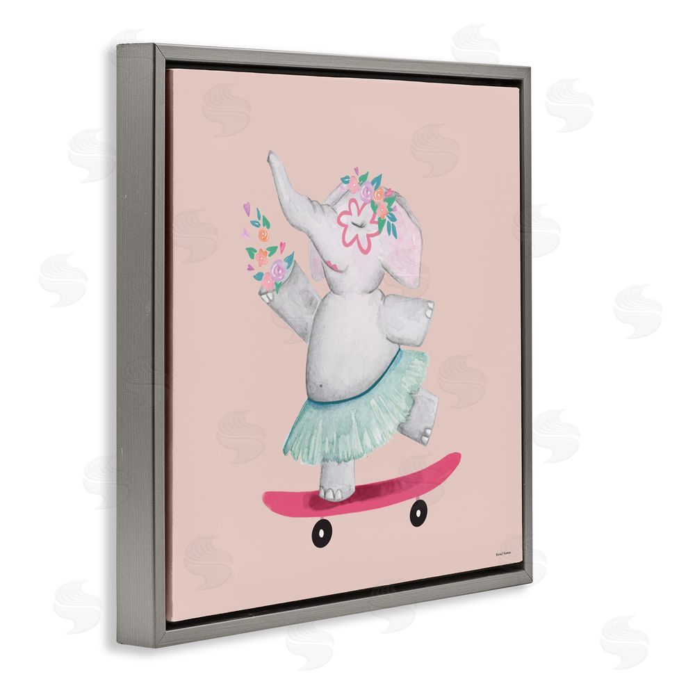 Rachel Nieman Skateboarding Elephant with Flowers Gray Floating Frame Canvas Wall Art Print