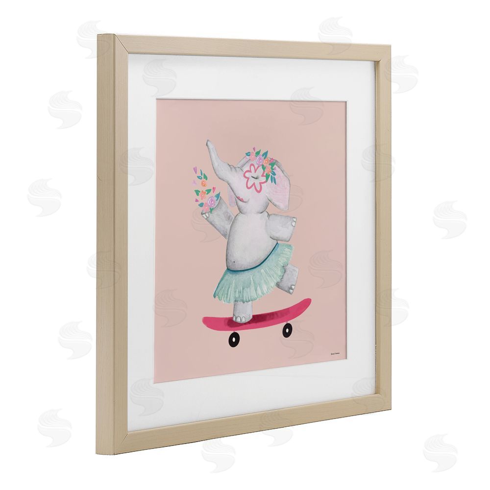 Rachel Nieman Skateboarding Elephant with Flowers Birch Framed Print Under Glass Wall Art