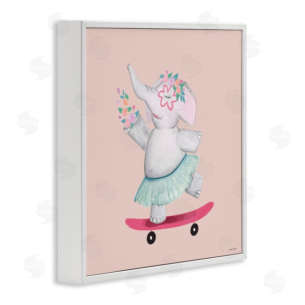 Rachel Nieman Skateboarding Elephant with Flowers White Framed Giclee Wall Art Print