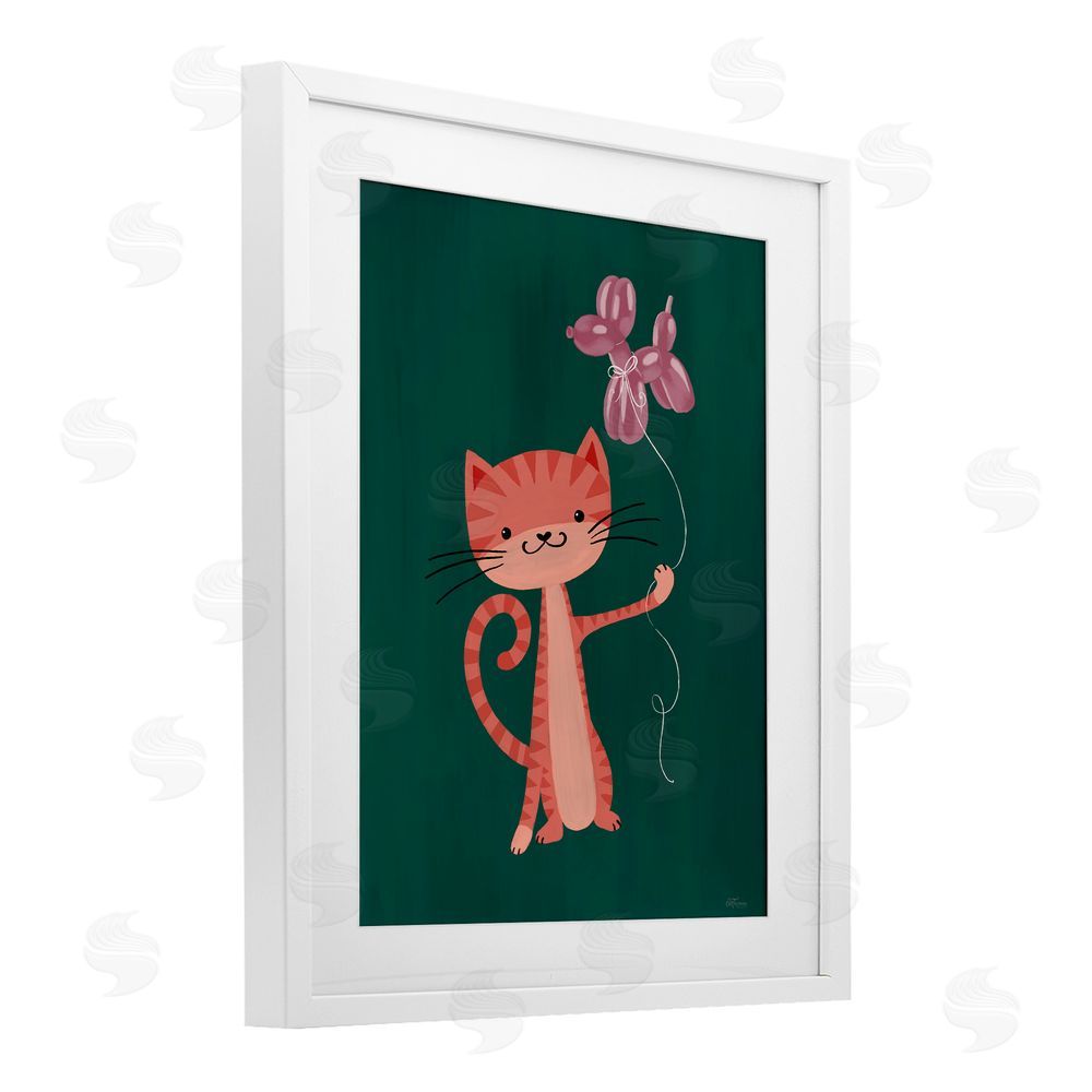 Cat Thurman Designs Balloon Buddy Cat White Framed Print Under Glass Wall Art