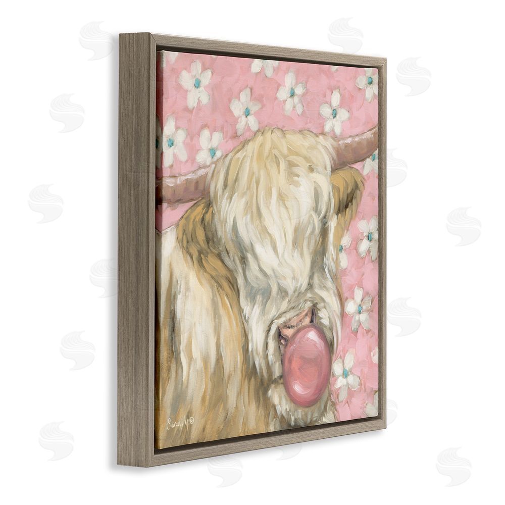 Sara G. Designs Bubblegum Cutie Cattle Brown Floating Frame Canvas Wall Art Print