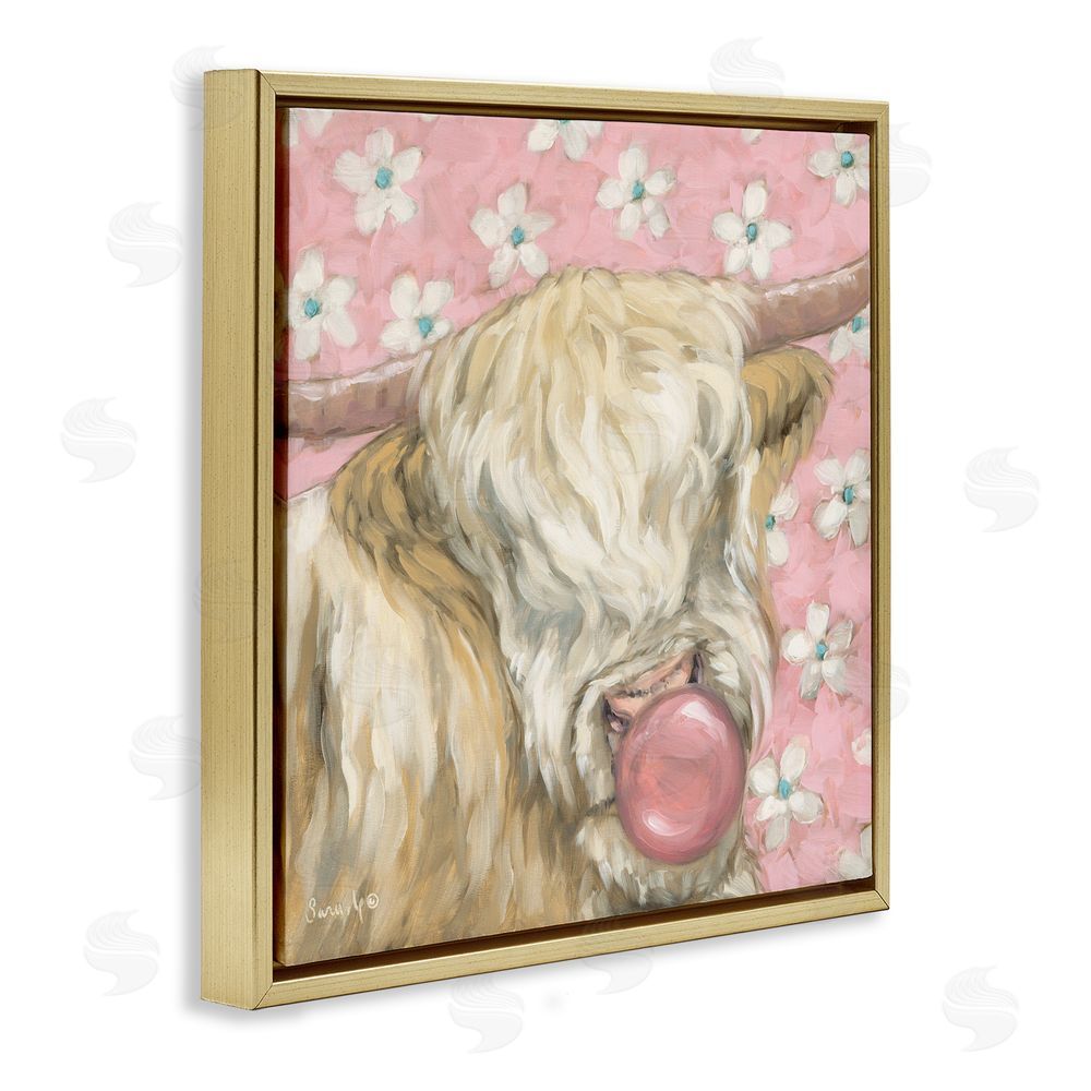 Sara G. Designs Bubblegum Cutie Cattle Gold Floating Frame Canvas Wall Art Print
