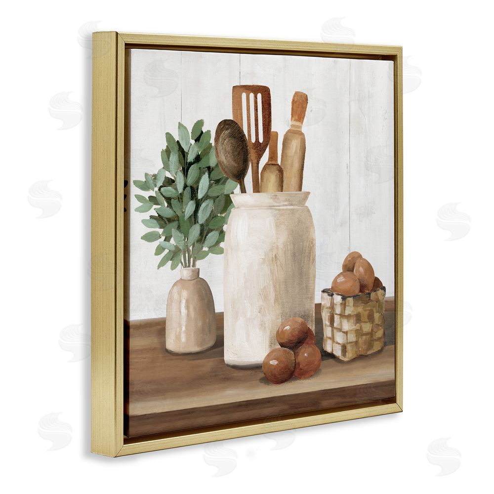 White Ladder Country Kitchen & Eggs Gold Floating Frame Canvas Wall Art Print