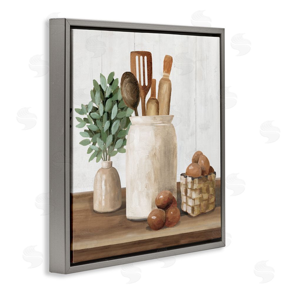 White Ladder Country Kitchen & Eggs Gray Floating Frame Canvas Wall Art Print