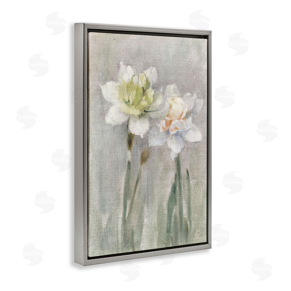 Stellar Design Studio Twin White Daffodils Gray Floating Frame Canvas Wall Art Print