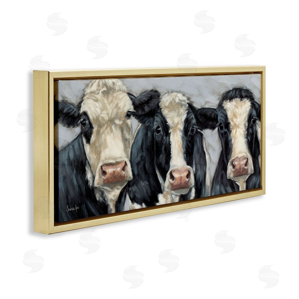 Sara G. Designs Ink & Ivory Cow Trio Gold Floating Frame Canvas Wall Art Print