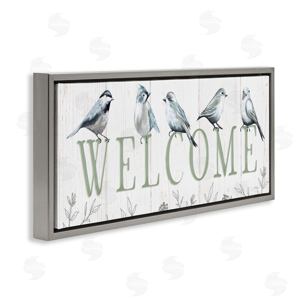 Elizabeth Tyndall Delicate Welcome Birds Gray Floating Frame Canvas Wall Art Print