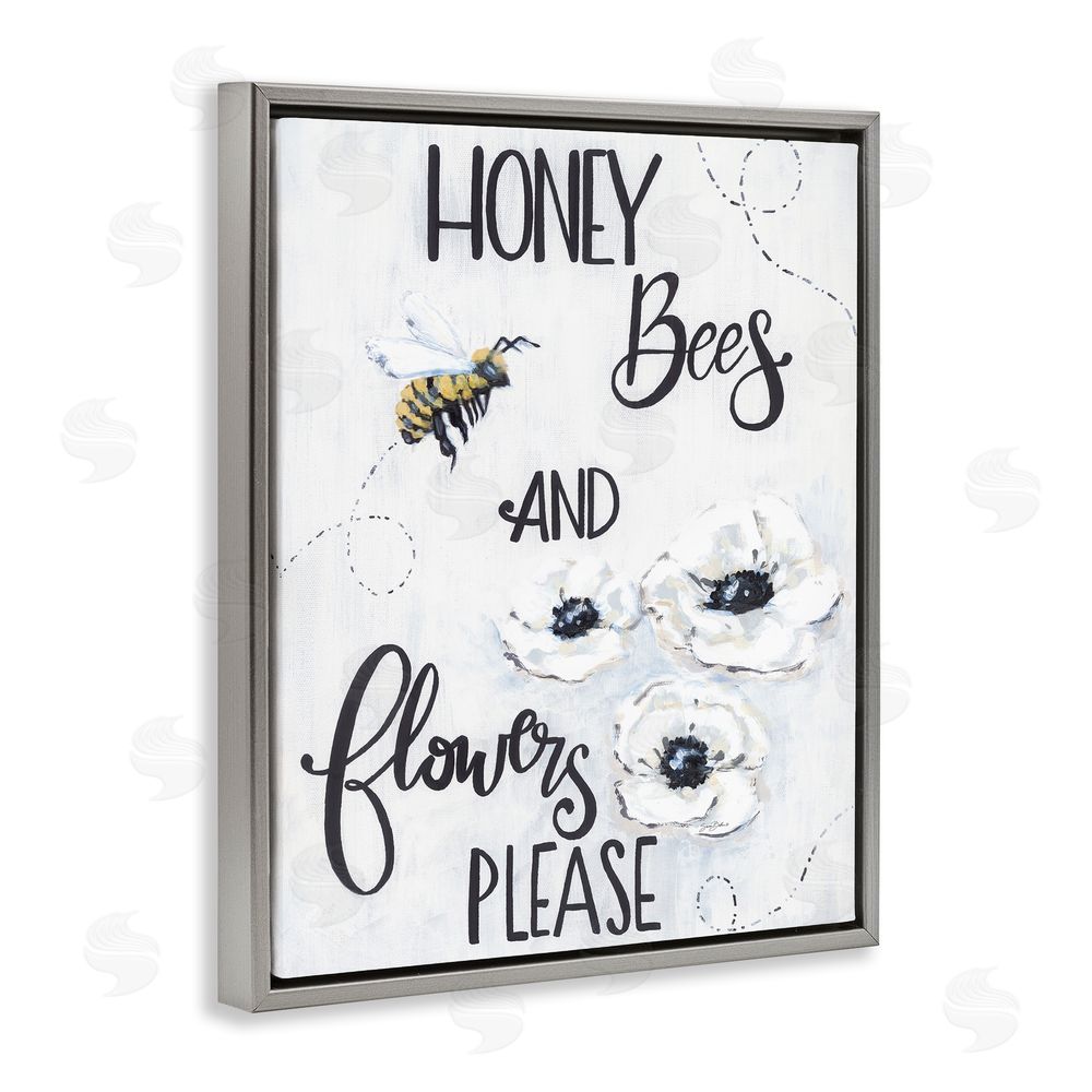 Sara Baker Garden Bees & Flowers Please Gray Floating Frame Canvas Wall Art Print