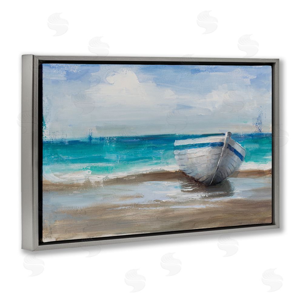 Cloverfield & Co. Painterly Boat On The Shore Gray Floating Frame Canvas Wall Art Print