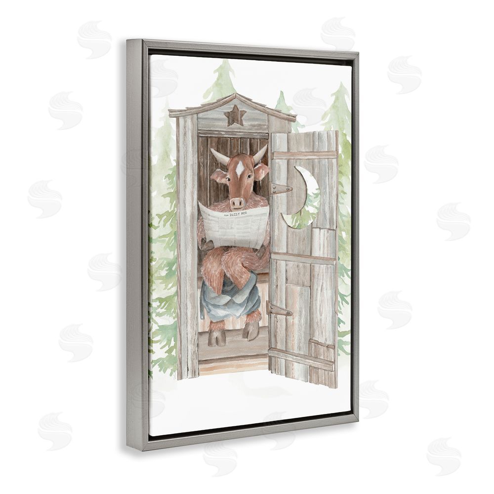 Cindy Jacobs Daily Moo Outhouse Reading Gray Floating Frame Canvas Wall Art Print