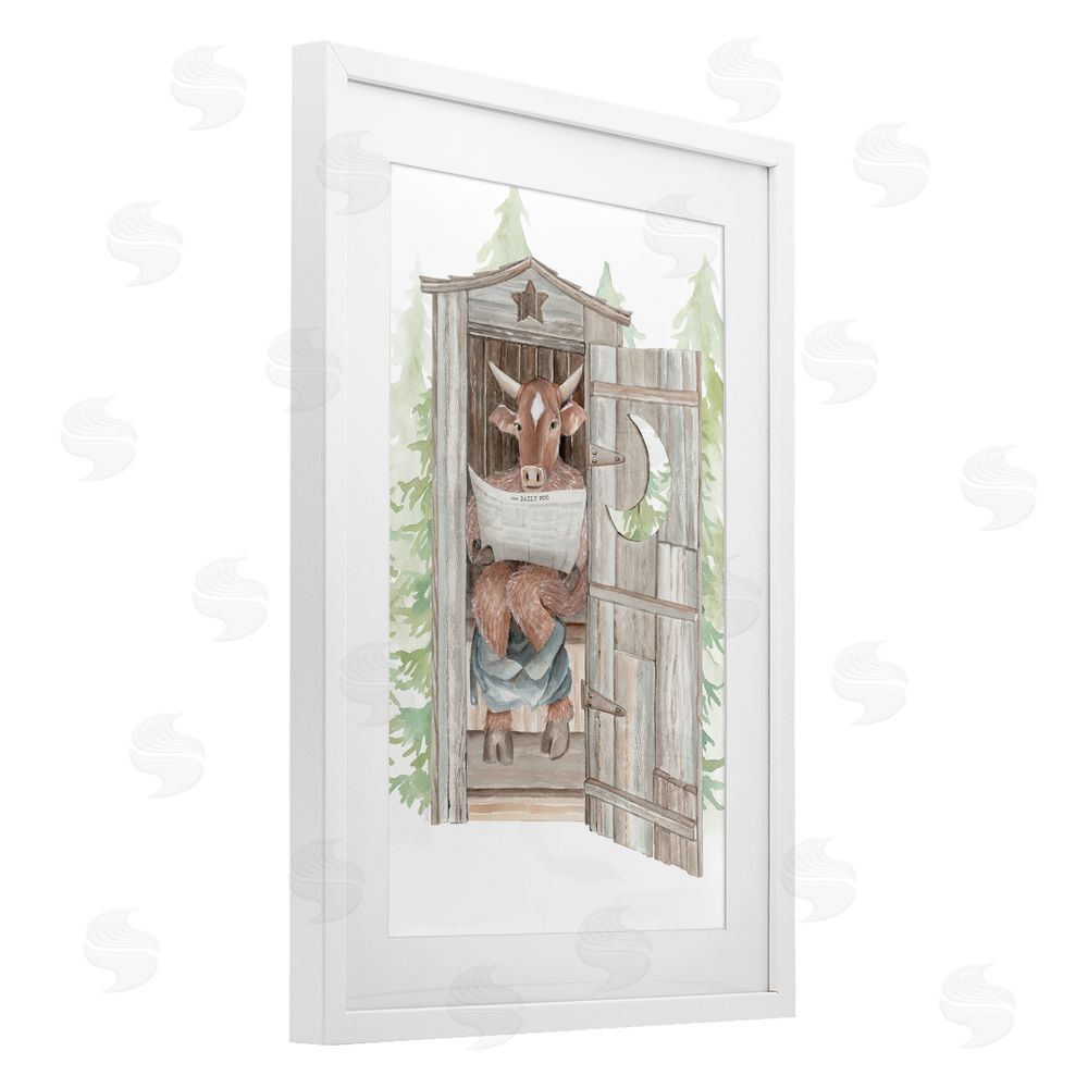 Cindy Jacobs Daily Moo Outhouse Reading White Framed Print Under Glass Wall Art