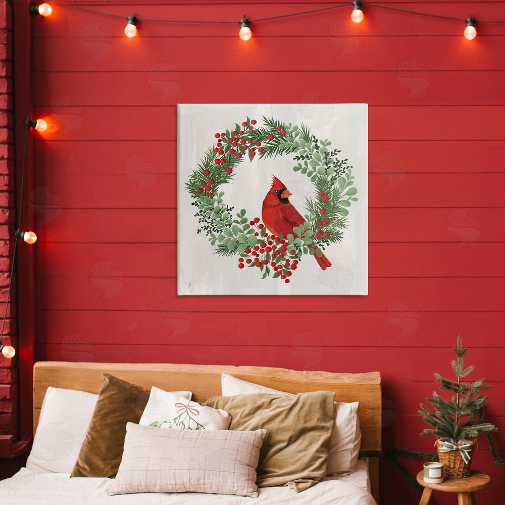 Cat Thurman Designs Perched Cardinal Festive Wreath Printed Wall Art in Room