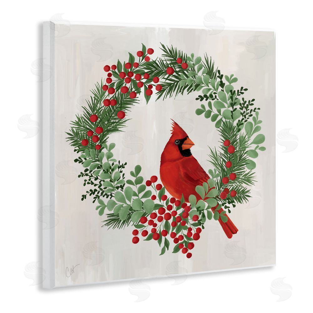 Cat Thurman Designs Perched Cardinal Festive Wreath Wall Plaque Art Print