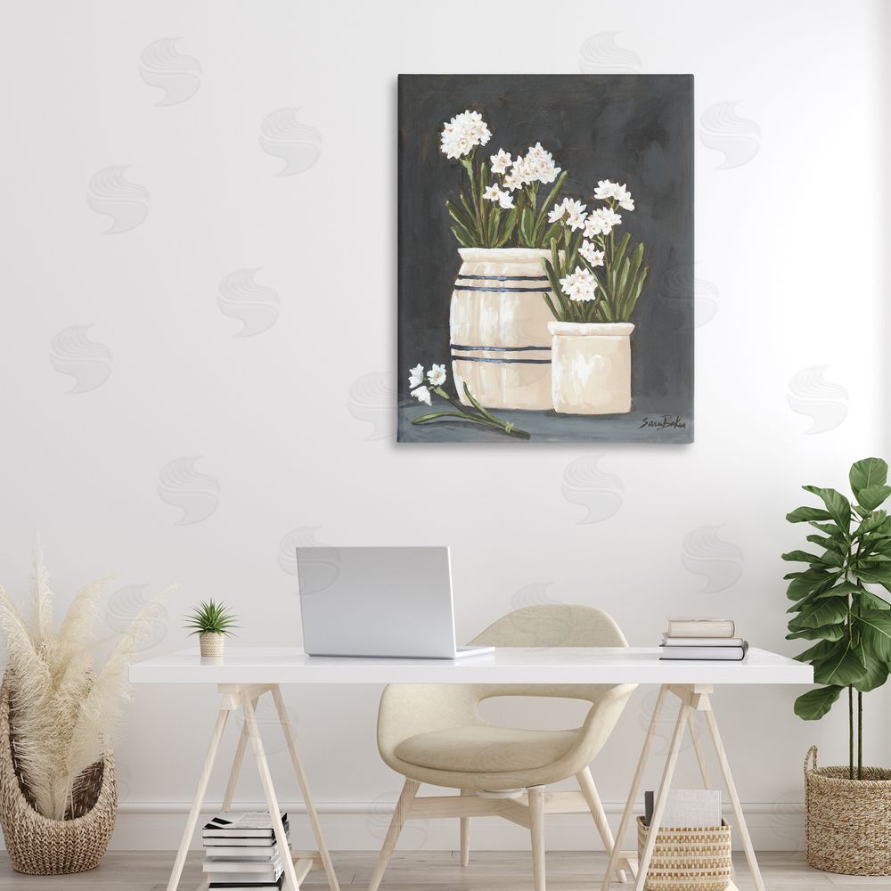 Sara Baker Vintage Crocks & Paperwhites Stretched Canvas Wall Art in Room