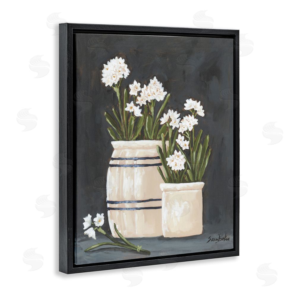 Sara Baker Vintage Crocks & Paperwhites Black Floating Frame Canvas Wall Art Print